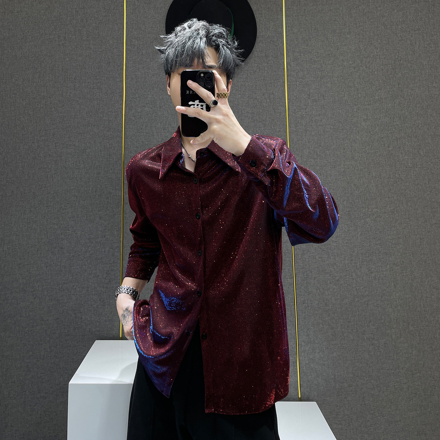 鹿鹿/高级感满天星长袖衬衫男春夏季新款宽松痞帅气垫肩衬衣男士图片