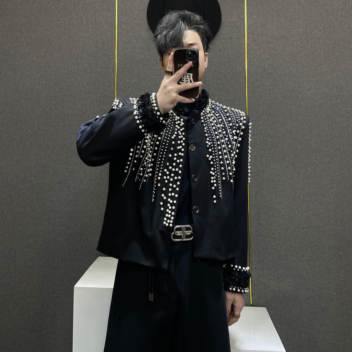 鹿鹿/韩式重工钉珠立领短款夹克男宽松高级感小众设计潮牌外套