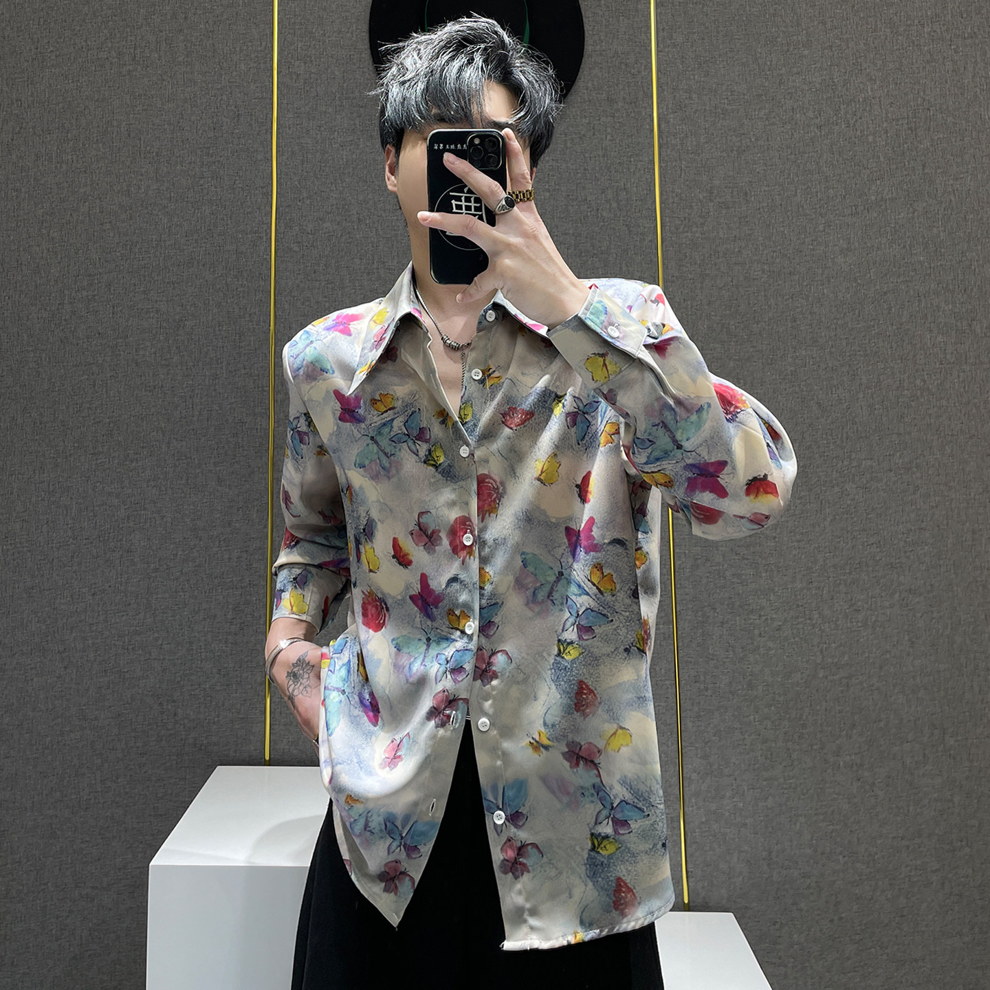 鹿鹿/小众设计感蝴蝶印花衬衫男长袖冰丝垂坠感上衣宽松垫肩衬衣,男装,衬衫,淘宝优惠券,粉丝福利购,淘宝优惠卷