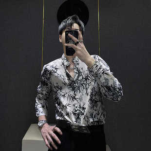 黑色冰丝丝滑立领衬衣潮 男2024春夏季 高级感墨色竹子印花长袖 衬衫