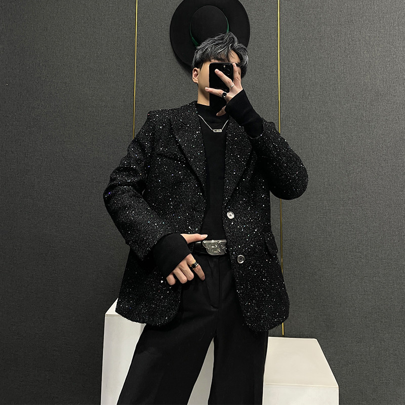 黑色亮片西服男高级感痞帅冬季男士时尚轻奢廓形发型师西装粗花呢,男装,西服,淘宝优惠券,粉丝福利购,淘宝优惠卷