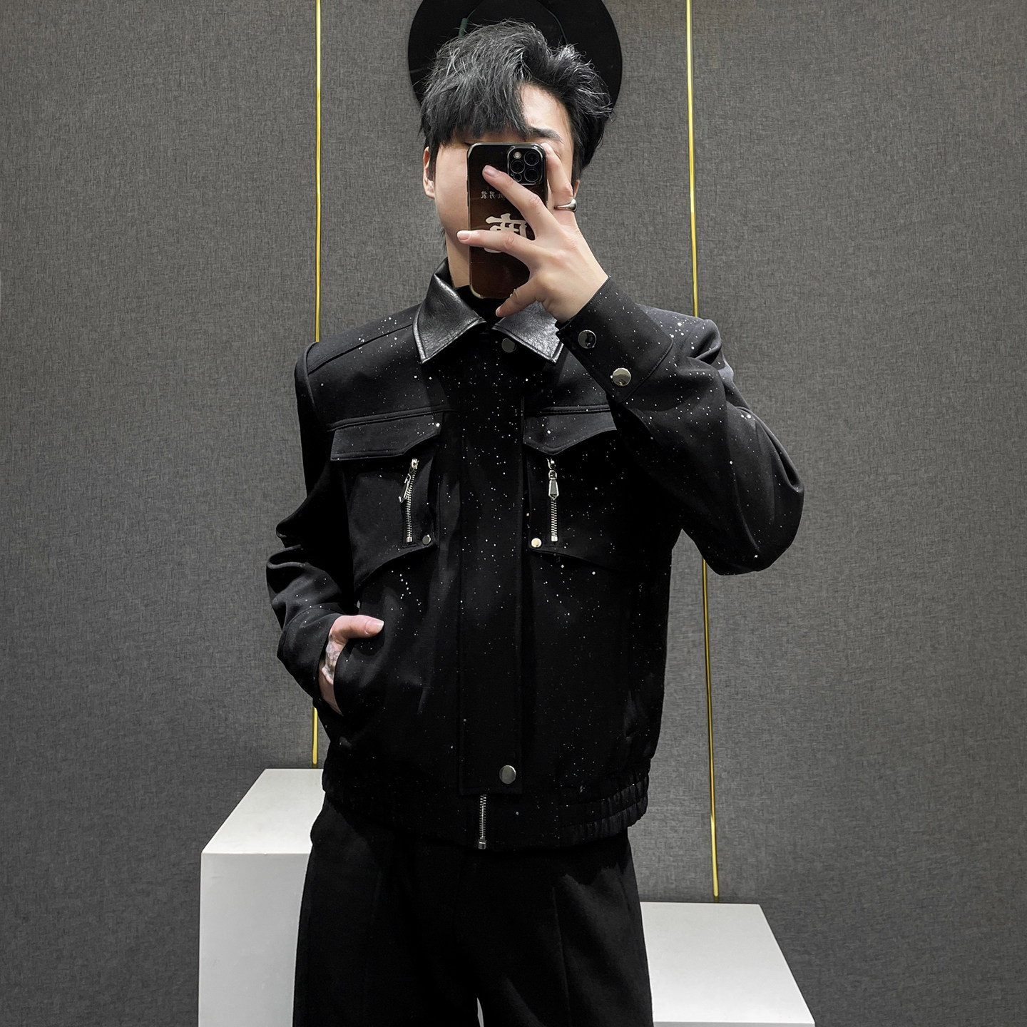 鹿鹿/暗黑风满天星短款夹克男设计感皮领拉链机车外套痞帅