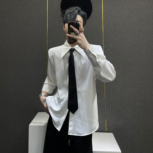 衬衫 极简风白色设计感垫肩长袖 男宽松简约高级感 配领带 鹿鹿