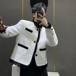 夹克男撞色毛边流苏设计高级感轻奢外套 小香风黑色短款 鹿鹿 法式