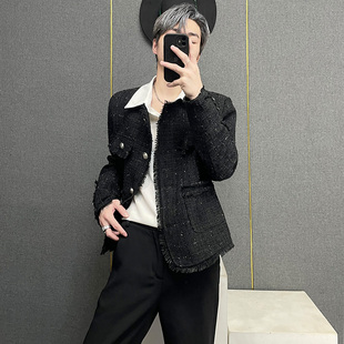 黑色小香风外套男ins秋冬款气质宽松高级感夹克开衫上衣设计流苏