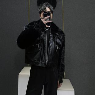 加厚小众解构短款 重磅仿貂毛拼接皮草外套男士 夹克 新款 2024秋冬季