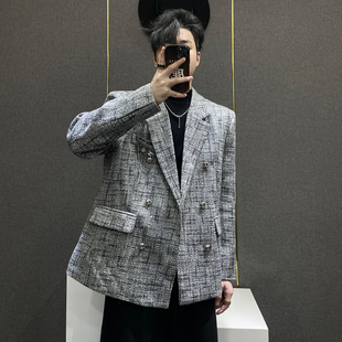 新款 外套男秋季 潮流高级休闲垫肩西服 小香风呢料双排扣西装 鹿鹿