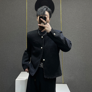 鹿鹿 小香风外套男黑色呢料垫肩高级感无领夹克外套 小众轻奢短款