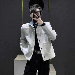 高级感拼接牛仔假两件小香风外套男宽松休闲小众短款 垫肩夹克男生