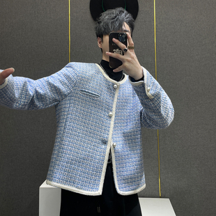 鹿鹿 垫肩外套痞帅 轻奢呢料小香风蓝色格纹夹克男高级感圆领短款