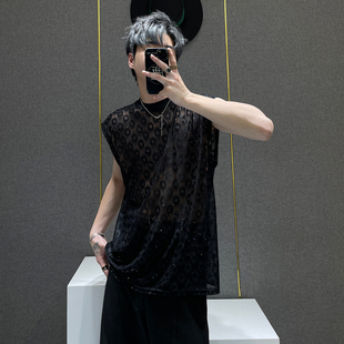 潮牌百搭透气网纱无袖 新款 T恤男生 小众设计感亮片背心男夏季 鹿鹿