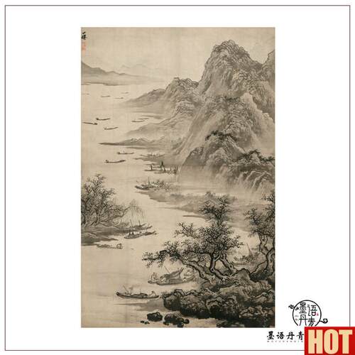 吴伟渔乐图山水人物古画复制e宣纸装饰画 喷绘工艺复古怀旧风格