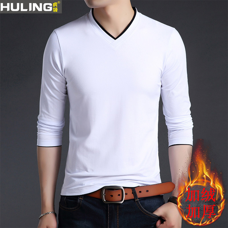 秋冬男士长袖t恤加绒V领男装宽松鸡心领潮男上衣潮流衣服纯棉加厚