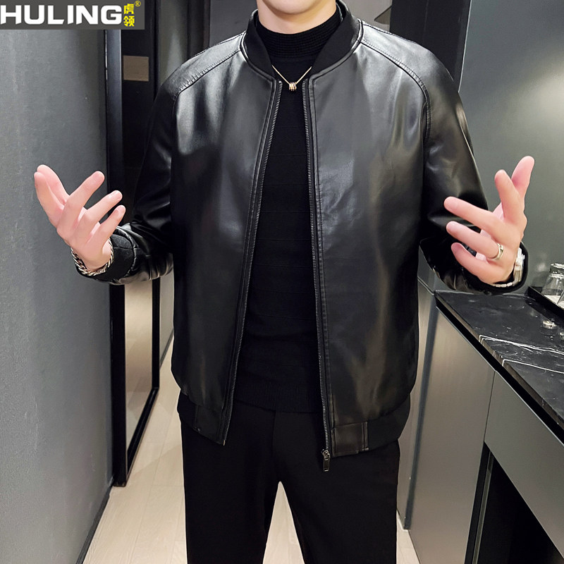 春秋季新款棒球领皮衣韩版潮流时尚帅气机车服男士皮夹克男装外套