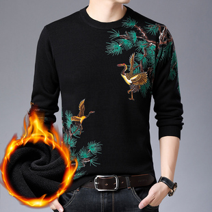 中国风毛衣加绒加厚圆领刺绣飞鹤中年爸爸装保暖针织衫男装上衣潮