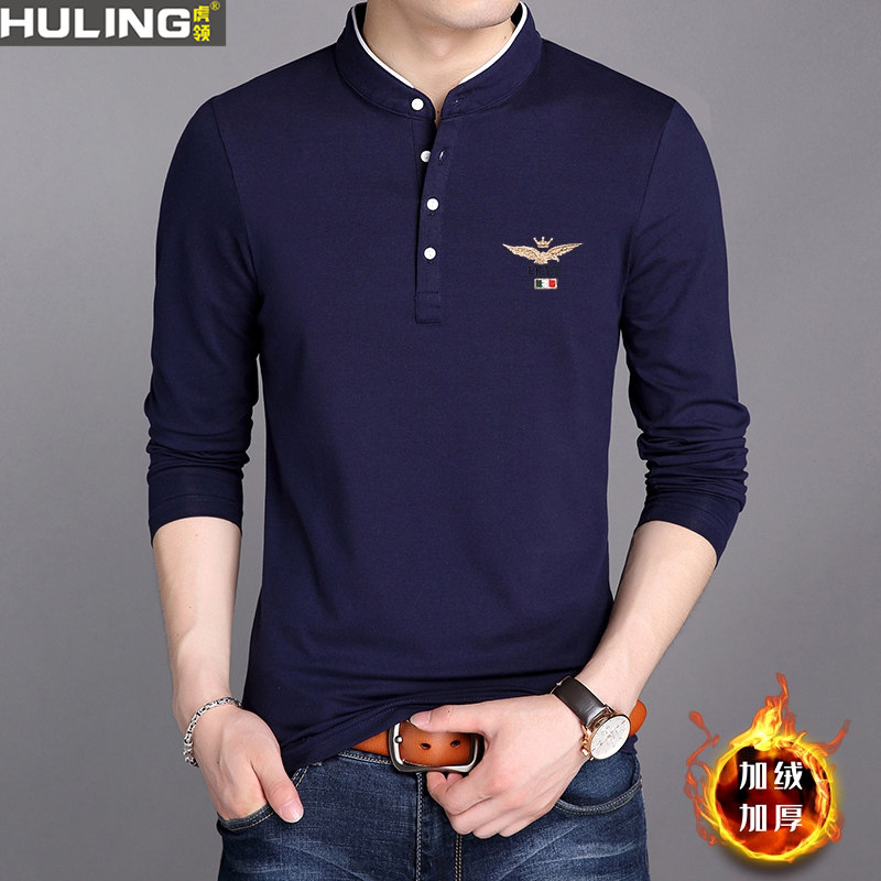 纯棉长袖t恤立领绣花飞鹰加绒加厚上衣秋冬季男装扣子新款打底衫