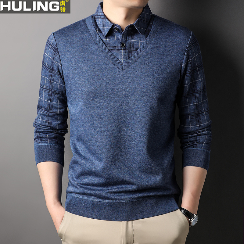秋季长袖男士新款假两件纯棉衬衫领商务休闲拼接翻领中年打底上衣
