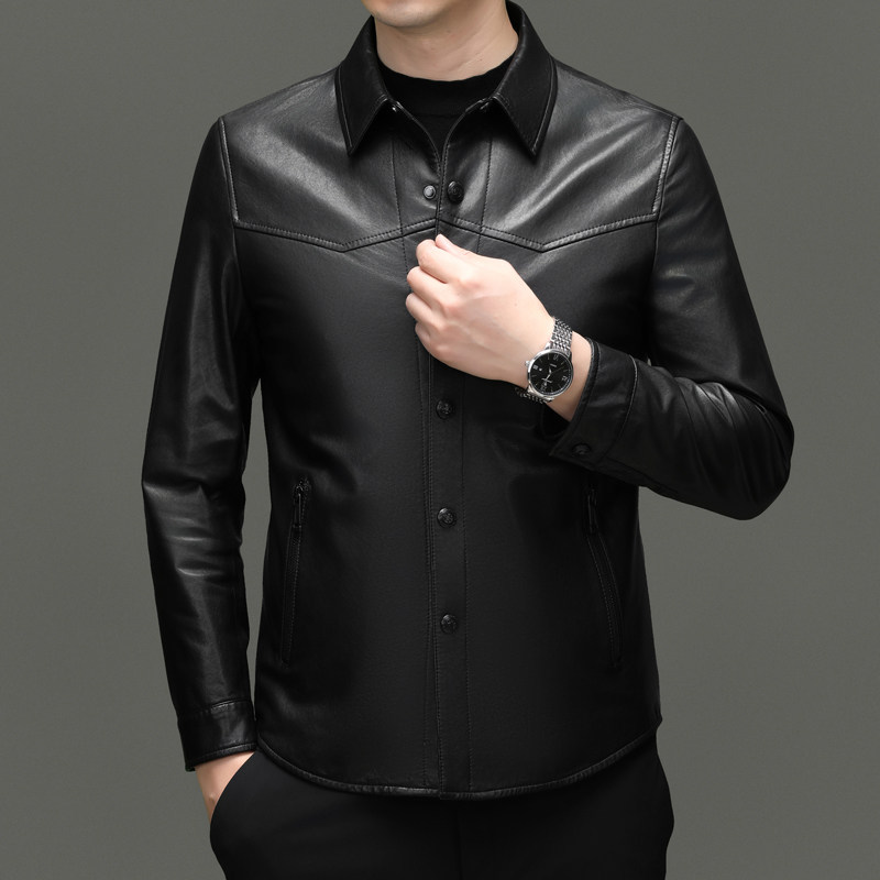 春秋季新款男士皮衣休闲中年爸爸装翻领按扣头层绵羊皮夹克外套男