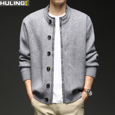 男士假两件针织外套拼接一体式春秋男装扣子衬衫立领潮流休闲上衣