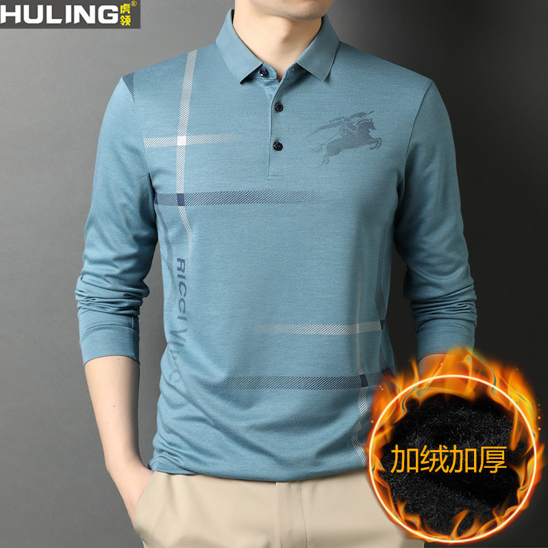 秋冬季长袖t恤中年男士加绒加厚打底上衣爸爸男装保暖新款POLO衫