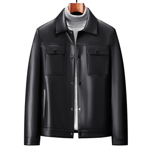 男士翻领新款真皮皮衣中青年轻奢商务头层羊皮多口袋潮流男装外套