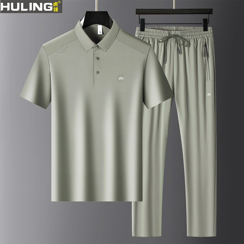 男士翻领短袖t恤2025新款夏季休闲裤高级感中年爸爸运动透气套装