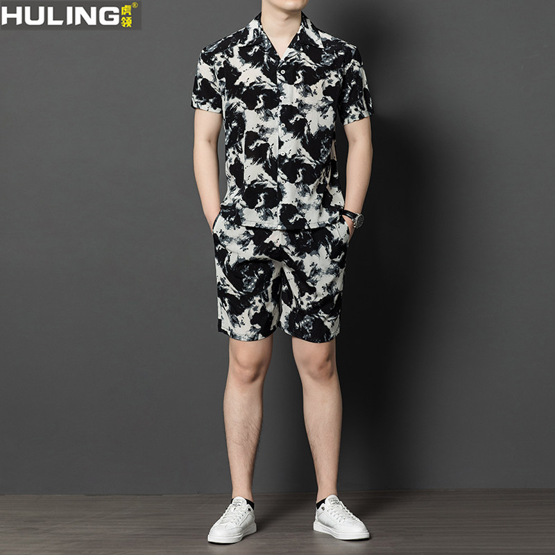 桑蚕丝套装夏季高端短袖衬衫短裤两件套男士休闲透气度假丝滑衬衣