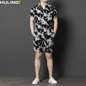 夏季 两件套男士 高端短袖 短裤 休闲透气度假丝滑衬衣 衬衫 桑蚕丝套装