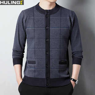 男士针织外套春秋季中老年格子毛衣老干部休闲百搭长袖开衫上衣
