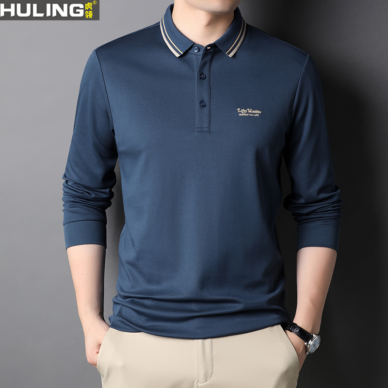 男士长袖翻领纯棉t恤春秋季新款潮流刺绣休闲polo衫男装爸爸上衣