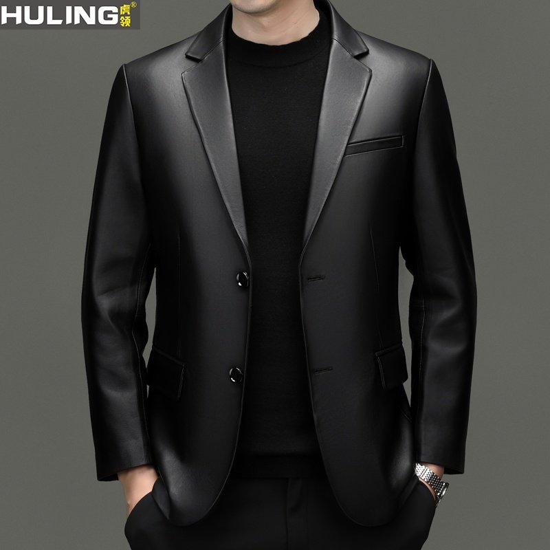 真皮皮衣男士绵羊皮西服新款商务休闲皮夹克修身小西装男装外套