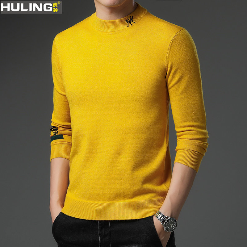 秋季毛衣男士圆领刺绣加厚款针织衫保暖上衣韩版休闲打底衫潮男装