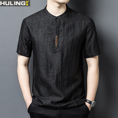 100%桑蚕丝刺绣男士真丝短袖T恤