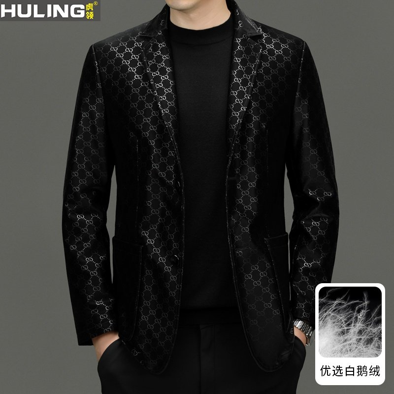 男士真皮皮衣秋冬休闲西装领绵羊皮西服可脱卸白鹅绒内胆男装外套