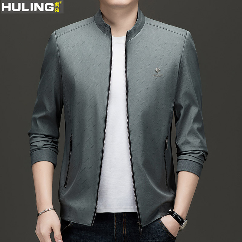 爸爸装春秋季夹克男士中年纯色立领大码休闲外套中年宽松男装上衣