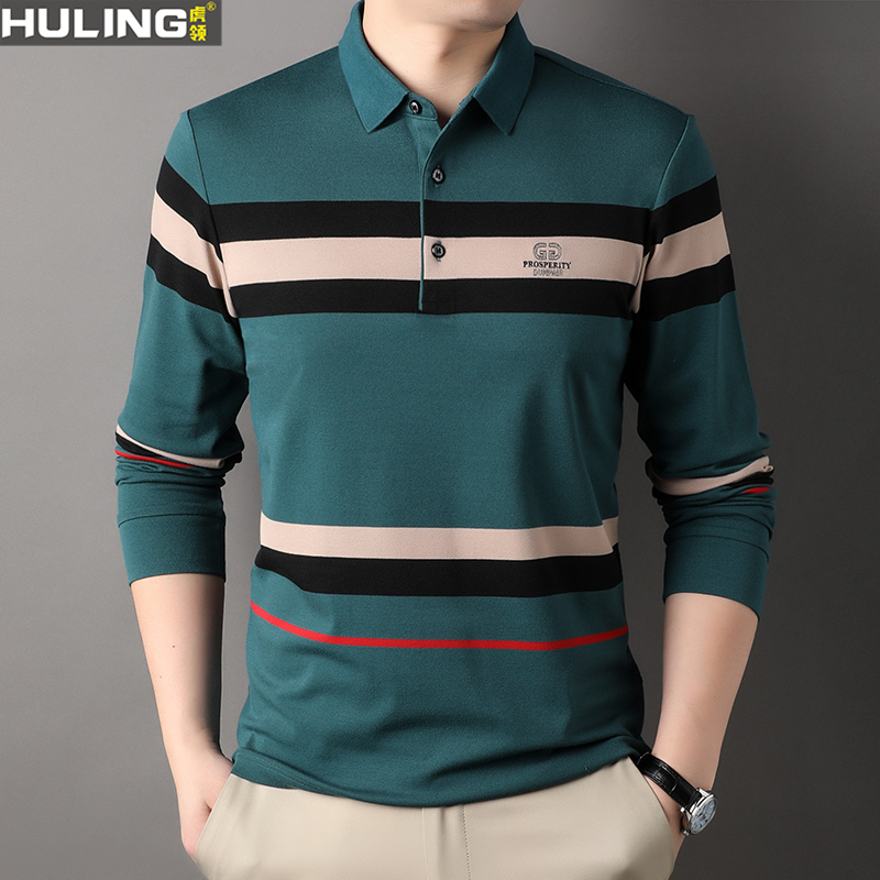 Polo衫长袖男士宽松翻领条纹刺绣T恤潮流镶钻休闲中年打底衫上衣