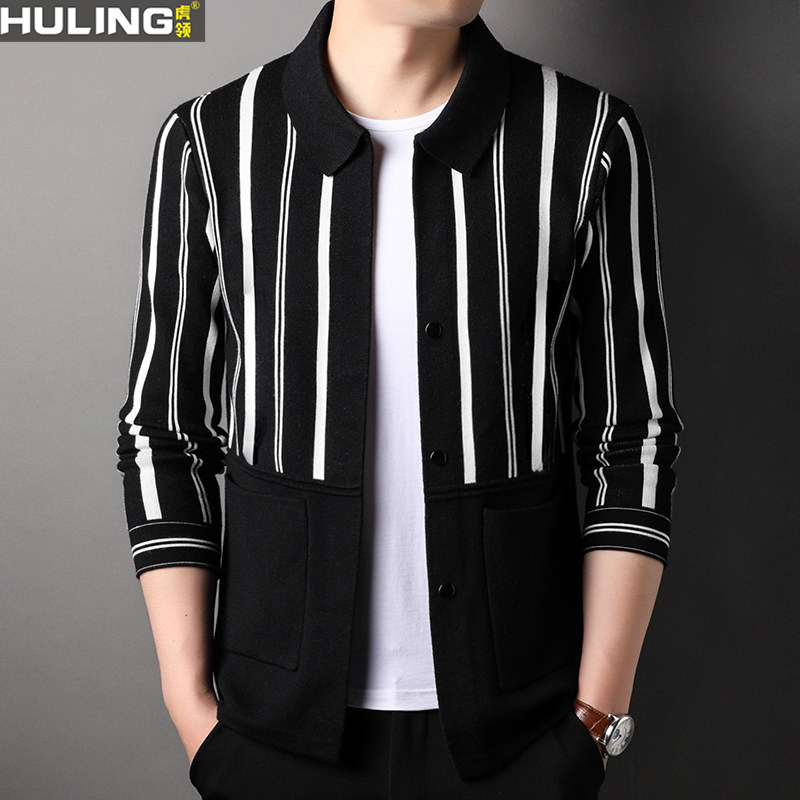 竖条纹开衫毛衣男士潮流翻领线衣春秋季新款休闲针织衫外套男装