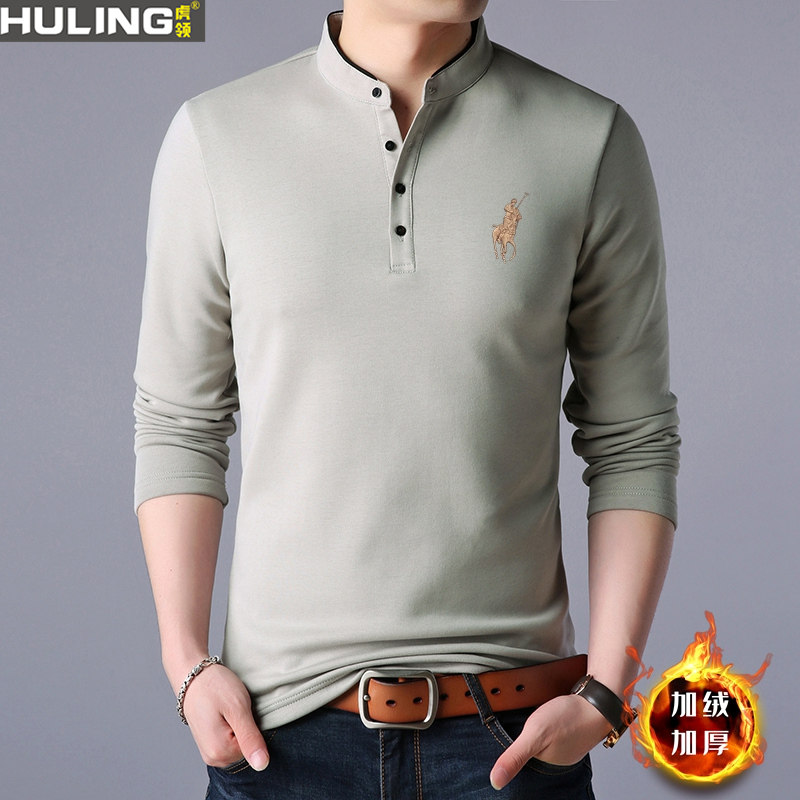 立领刺绣长袖t恤男秋冬季新款纯棉打底衫上衣休闲加绒加厚男装