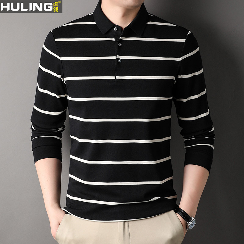 男士长袖t恤中年翻领条纹休闲爸爸装上衣宽松内搭棉质polo衫男装