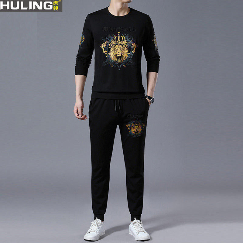 潮牌男士休闲运动套装长袖卫衣春秋青年潮流帅气搭配狮子男装一套