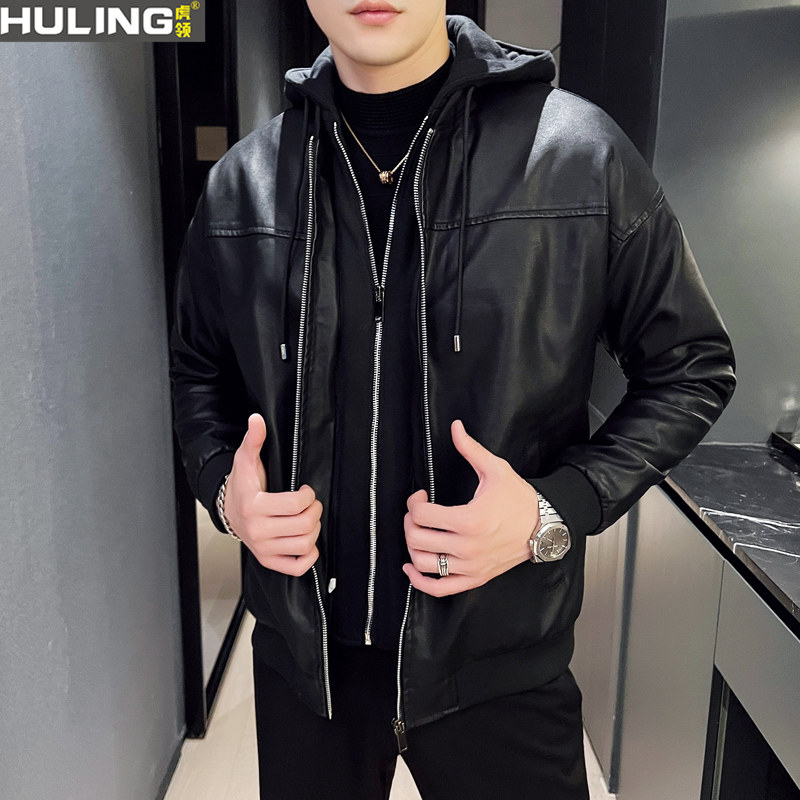 男士潮流帅气假两件皮夹克上衣春秋新款休闲可脱卸帽机车皮衣外套