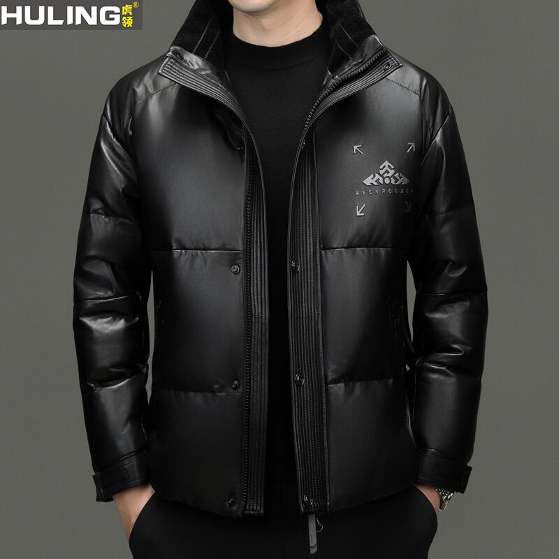 立领真皮绵羊皮羽绒服冬季新款中年男士加厚白鸭绒保暖男装外套
