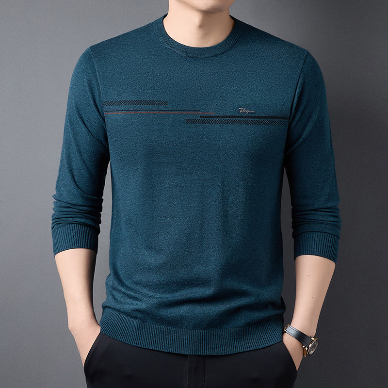 春秋季新款男士长袖t恤圆领卫衣提花薄款休闲薄款男装打底针织衫