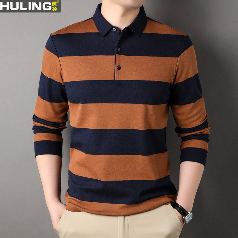 纯棉长袖t恤男士春秋季新款翻领粗条纹polo衫时尚中年爸爸装上衣
