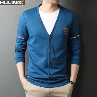 刺绣飞鹰休闲v领针织T恤衫男装春秋季新款丝光棉外套男士时尚上衣