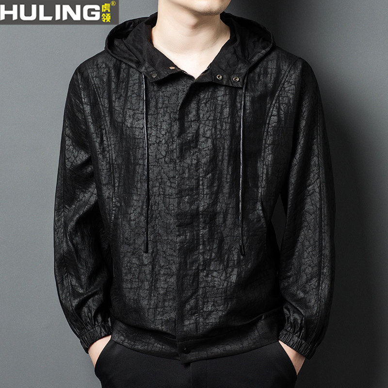 龟裂纹香云纱春季新款男士夹克连帽宽松100%桑蚕丝外套薄款大码潮