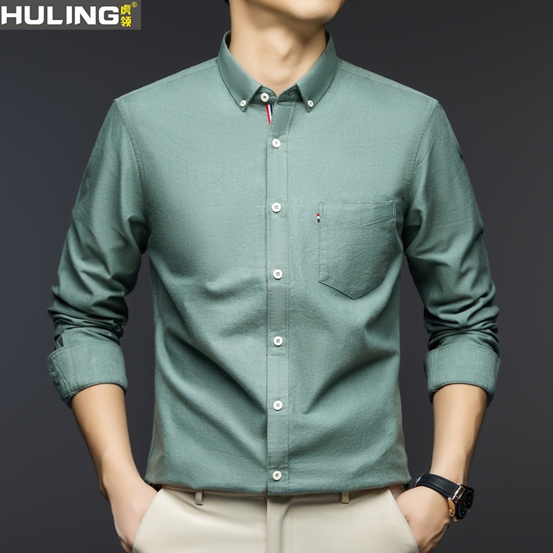 男士纯棉磨毛长袖衬衫春秋季单穿外穿带扣翻领商务全棉衬衣有口袋