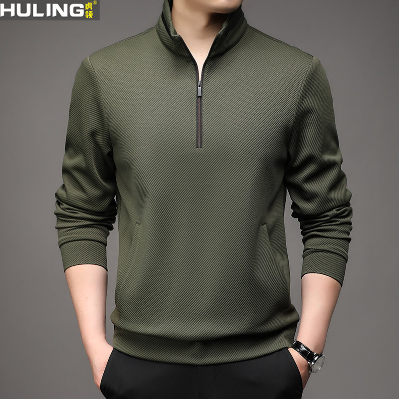 男士春秋季立领t恤长袖中年时尚休闲半高拉链爸爸男装长袖上衣