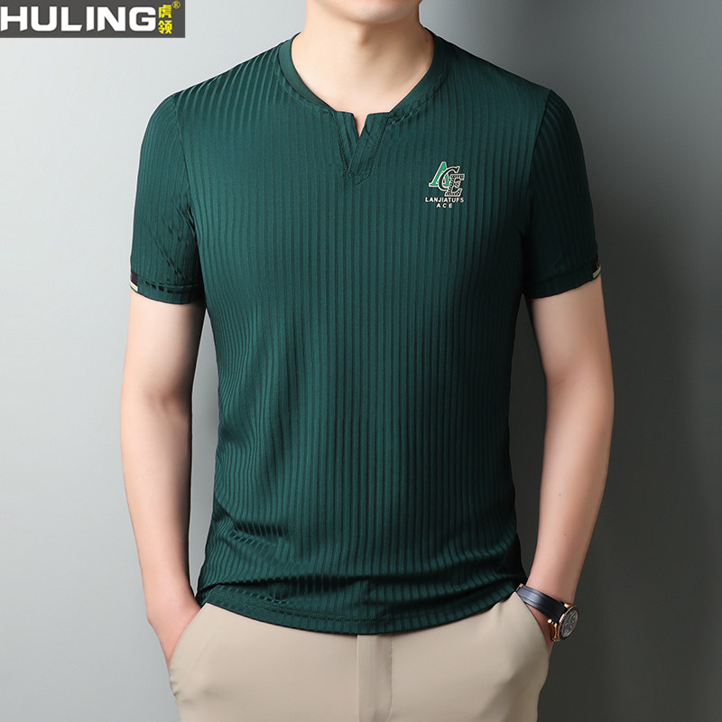 v领短袖t恤男士夏季宽松鸡心领休闲透气中年冰丝弹力体恤夏装上衣