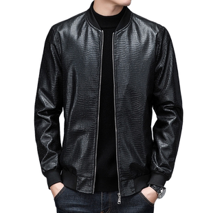 立领上衣外套春秋季男装宽松皮衣机车服鳄鱼纹皮夹克男潮流上衣